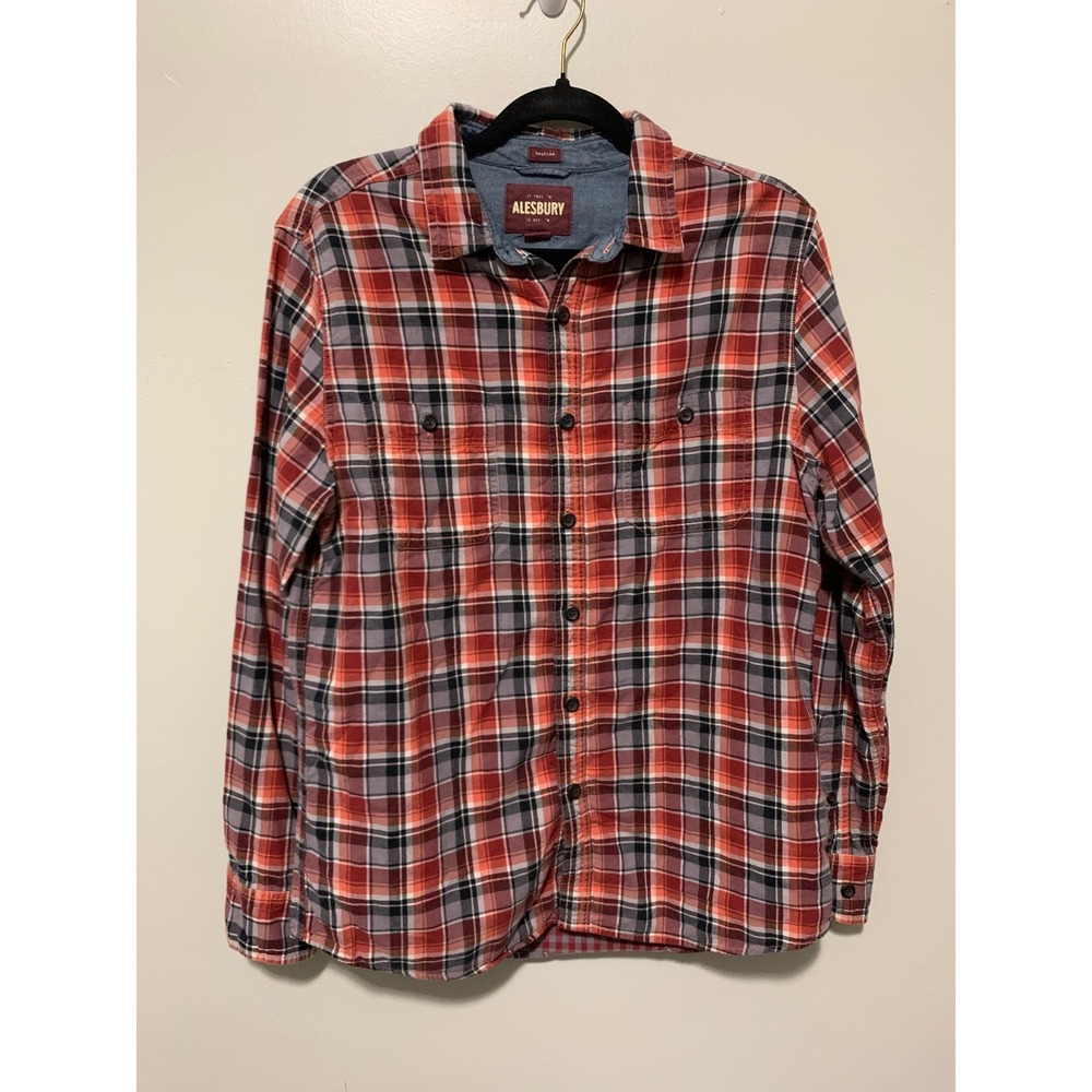 Alesbury Mens Double Cloth Plaid Long Sleeve Button Down Cotton Shirt Size M